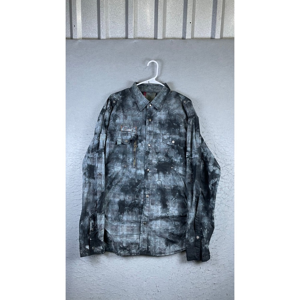 Focus USA Button Down Shirt Mens XXL Gray Plaid Tie Dye Good Long Sleeve Epaulet